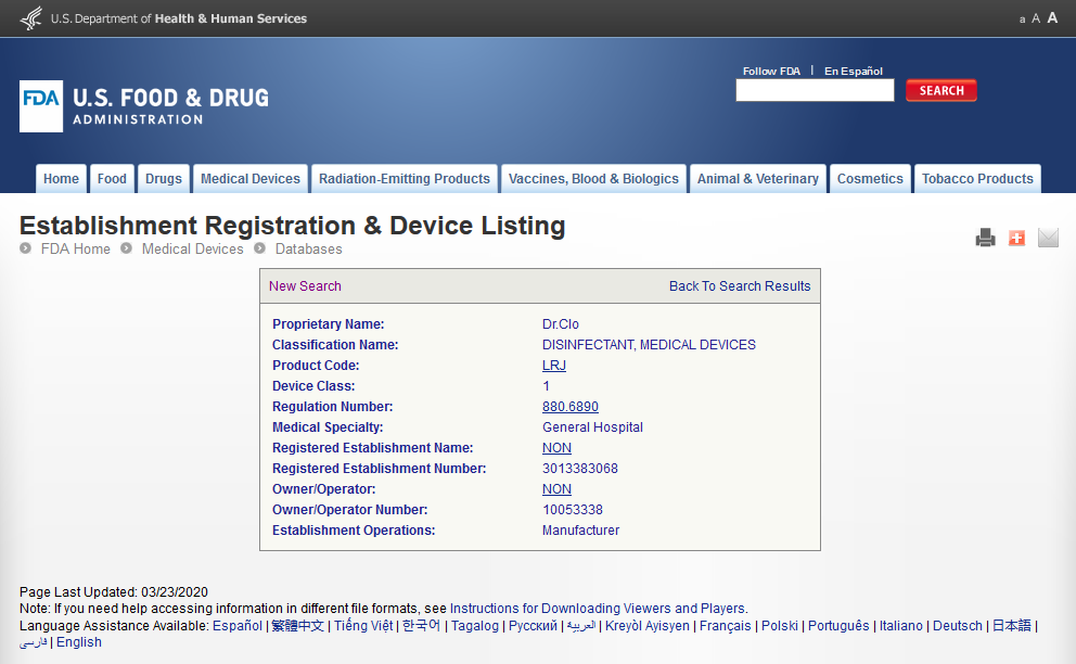 Dr.Clo Malaysia FDARegistered Bacteria & Virus Disinfectant